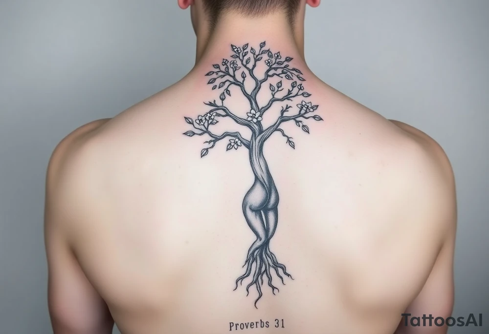 back tattoo with proverbs 31 with tree of life woman tattoo woman’s body as the trunk with no head  with roots and branches from neck with  small flowers from a few branches tattoo idea