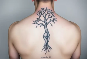 back tattoo with proverbs 31 with tree of life woman tattoo woman’s body as the trunk with no head  with roots and branches from neck with  small flowers from a few branches tattoo idea