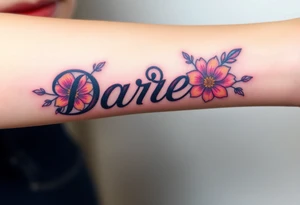 neon colors, 1 inch font, "Darrell" with lots of whimsical background, add flowers tattoo idea