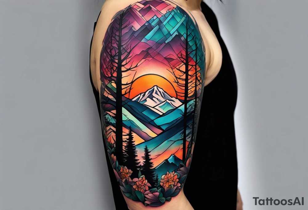 Full sleeve tattoo that symbolizes Family Love, memories of deceased family, mental health, adventure in mountains tattoo idea