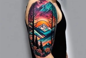 Full sleeve tattoo that symbolizes Family Love, memories of deceased family, mental health, adventure in mountains tattoo idea