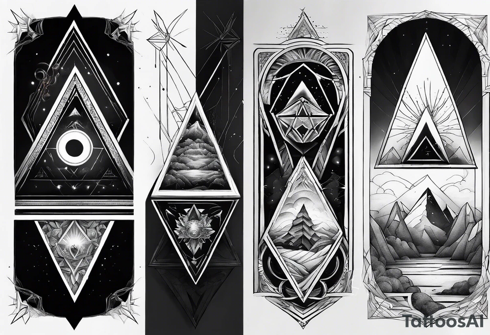 four small triangle portals to fantasy world connected by line, forearm tattoo tattoo idea