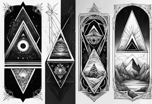 four small triangle portals to fantasy world connected by line, forearm tattoo tattoo idea