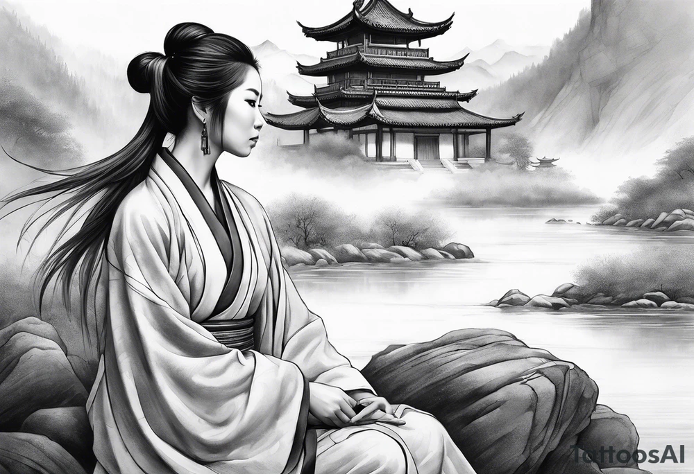forearm sleeve traditional chinese art painting style autumn mountains mist fog water Chinese temple female with pony tail wearing robes seated meditating far off in the distance tattoo idea