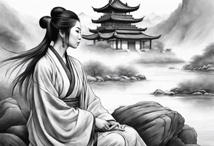 forearm sleeve traditional chinese art painting style autumn mountains mist fog water Chinese temple female with pony tail wearing robes seated meditating far off in the distance tattoo idea