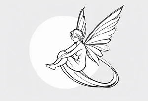 Minimalistic, monochromatic fairy with a tail flying to the left in a fetal position, leaning and looking in the same direction, with visible hands, embodying the 'Fairy Tail' logo aesthetic. tattoo idea