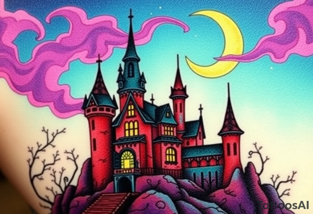 Tim Burton’s disney sleeping beauty’s haunted castle is abandoned and dripping with muted reds, dusty pinks, and eerie green glow.purple and cyan smokey clouds swirl in the crescent moonlit sky thats sprinkled with stars tattoo idea tattoo idea