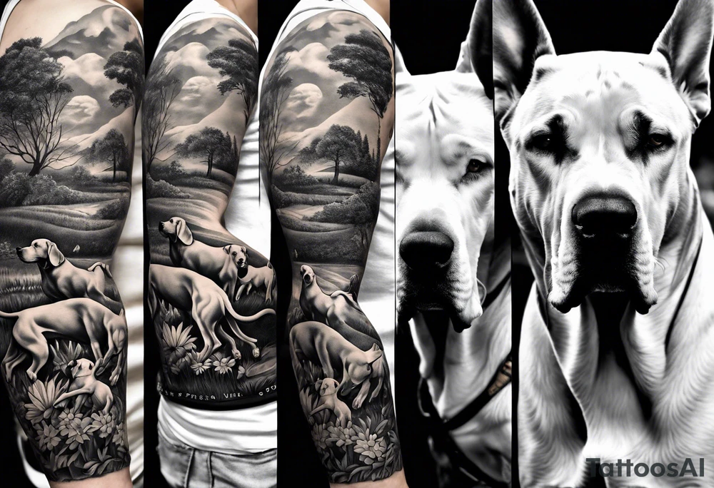 full arm sleeve on guy with (4) Four Great Dane floppy ear dogs running together in the field along with other fill work tattoo idea