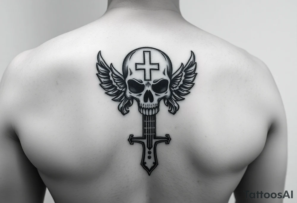 I would like to get a tattoo of a skull and a cross and in a guitar for your upper arm that would be covered with a sleeve and I want it just black and gray tattoo idea