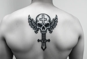I would like to get a tattoo of a skull and a cross and in a guitar for your upper arm that would be covered with a sleeve and I want it just black and gray tattoo idea