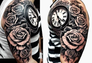 Clock with roses on shoulder/bicep going into roses with the word amor on forearm tattoo idea