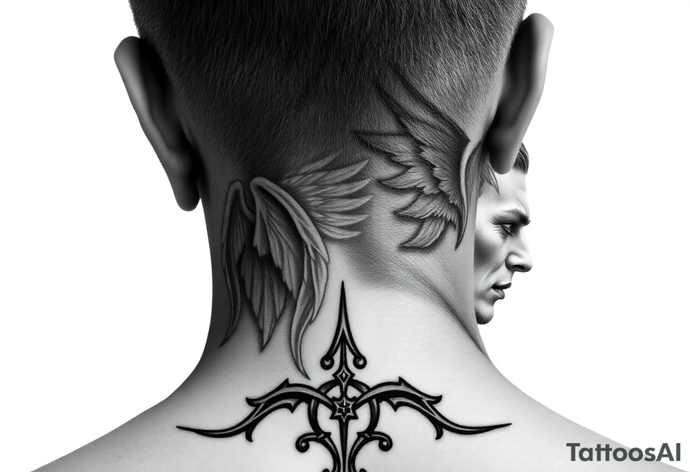 position behind the neck Angel (on the right) whispering in the right ear, demon (on the left) whispering in the left ear. It must be as realistic as possible. tattoo idea