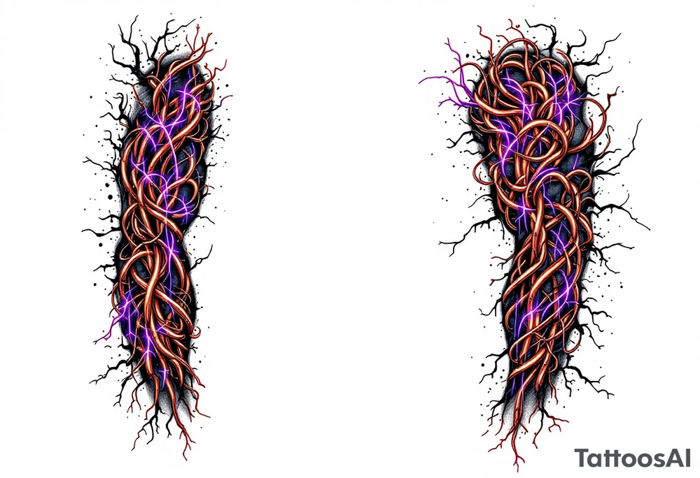 A vibrant design featuring copper tubes and electric violet plasma lines integrated into the skin’s anatomy. tattoo idea