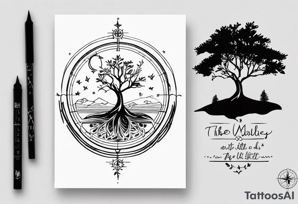 Create me a tattoo only in black with thin lines with a tree of life in the middle, a compass above with GPS coordinates, three little birds from the music "three little birds" by Bob Marley. tattoo idea