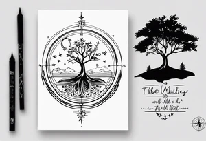 Create me a tattoo only in black with thin lines with a tree of life in the middle, a compass above with GPS coordinates, three little birds from the music "three little birds" by Bob Marley. tattoo idea