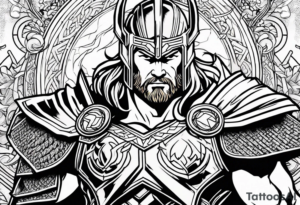 The Mighty Thor that looks like the Chris Hemsworth version with lightning in the background tattoo idea