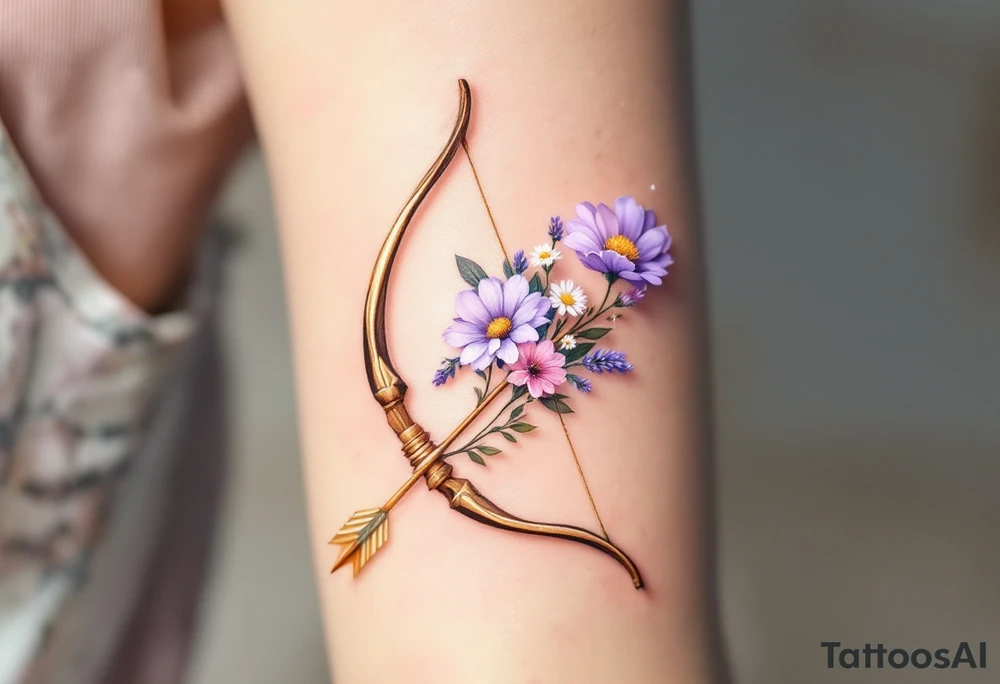 A wooden bow and arrow with a delicate set of wildflowers (like lavender and daisies) intertwined in the string. The bow is shaded in earthy browns, and the flowers have soft purple, pink, and white hues, symbolizing Sagittarius’ love for nature and beauty. The arrow has a subtle golden shimmer. tattoo idea