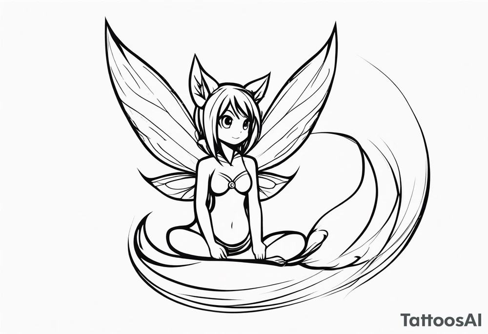 A fairy with a tail inspired by the logo of the anime show called Fairy Tail in a fetal position leaning in tattoo idea