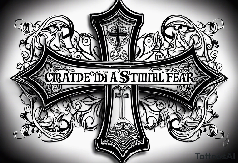Create a small wrist sized tattoo that has Proverbs 31:25 "She is clothed with strength and dignity, and she laughs without fear of the future"

I would like a cross with text wrapped around it tattoo idea