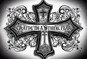 Create a small wrist sized tattoo that has Proverbs 31:25 "She is clothed with strength and dignity, and she laughs without fear of the future"

I would like a cross with text wrapped around it tattoo idea