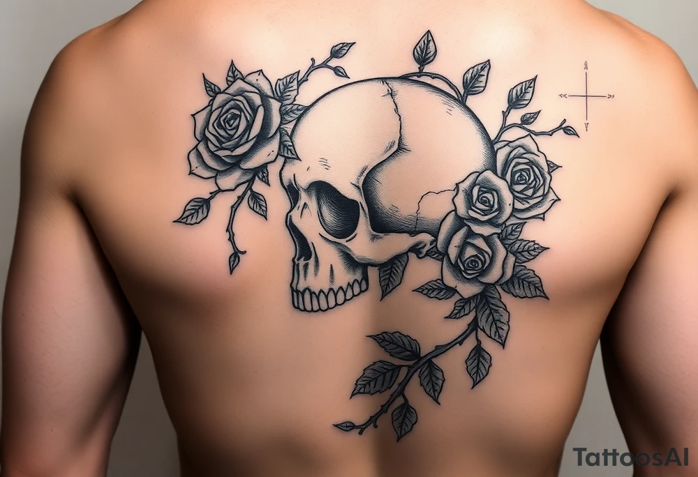 gothic skull intertwined with climbing roses and thorny vines tattoo idea