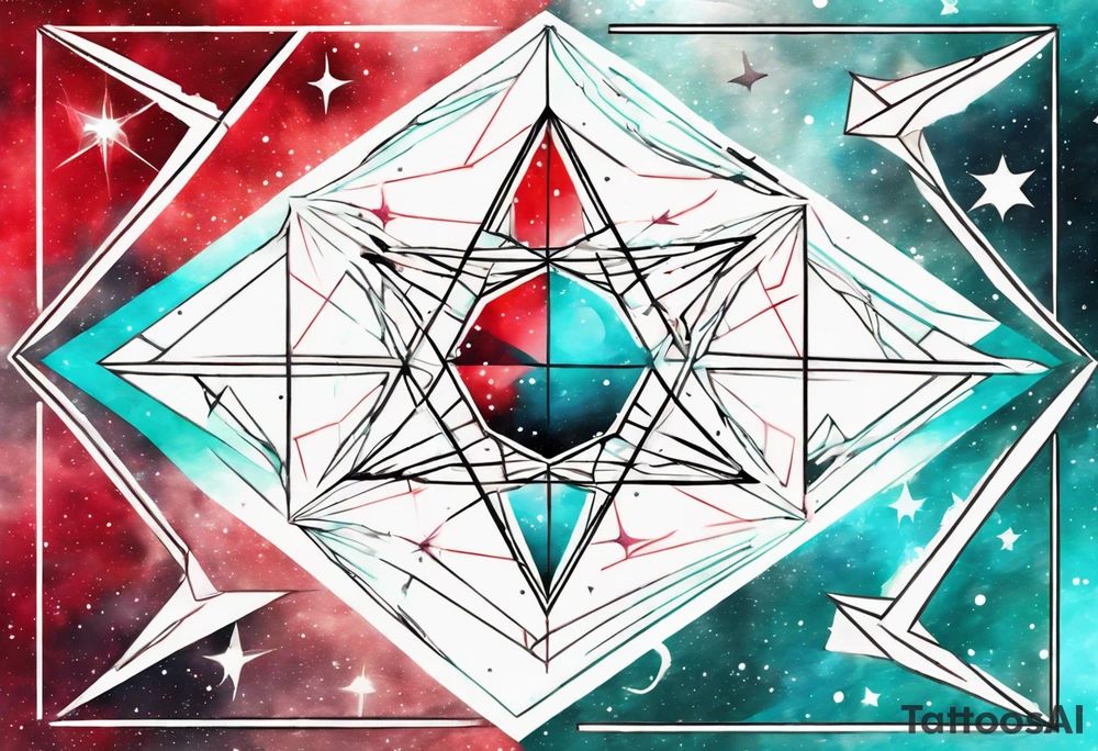 Geometric ether space single image, abstract art, red and cyan, colect some stars to shine, pigment acquarel color, damage done tattoo idea