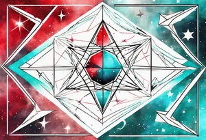 Geometric ether space single image, abstract art, red and cyan, colect some stars to shine, pigment acquarel color, damage done tattoo idea