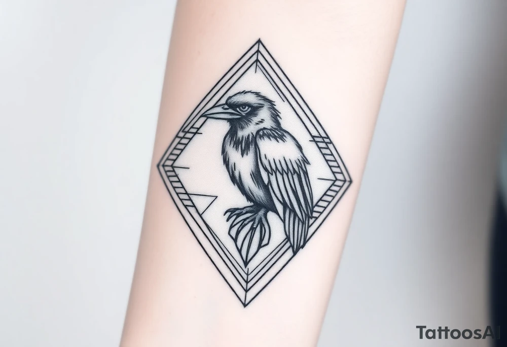 12 inch in length Geometric diamond with lines going around with a big detailed crow in center with a lot of shading tattoo idea