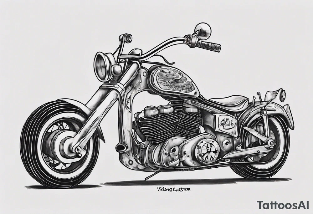 I want a tattoo of an old classic motorcycle with a skeleton riding it into the distance with the name “Viking Customs” incorporated in the design tattoo idea