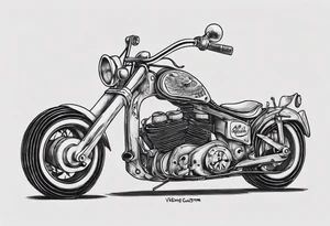 I want a tattoo of an old classic motorcycle with a skeleton riding it into the distance with the name “Viking Customs” incorporated in the design tattoo idea
