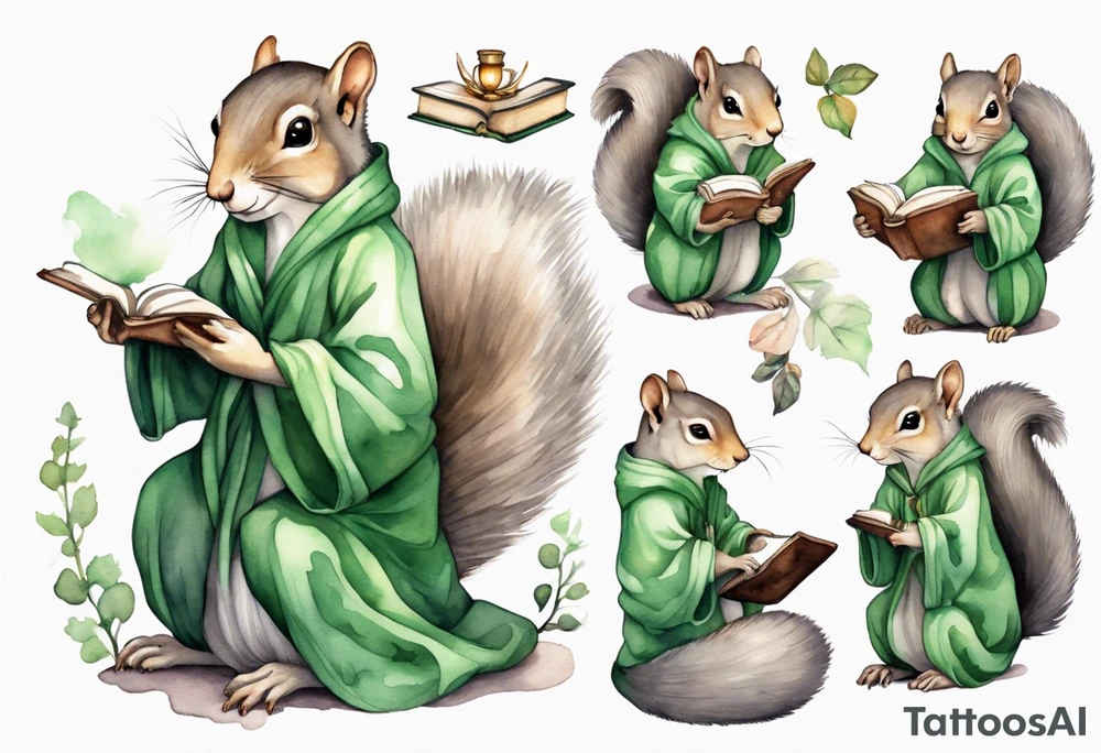 a grey squirrel with long feminine hair and a green robe, holding a magic book tattoo idea