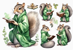 a grey squirrel with long feminine hair and a green robe, holding a magic book tattoo idea