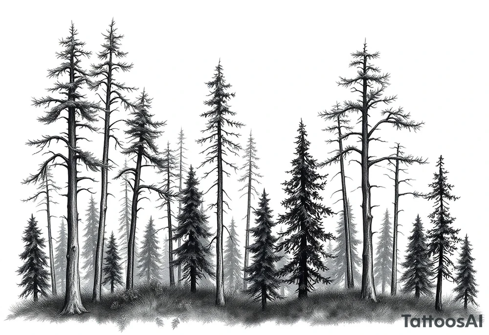 Needle forest with black and gray trees tattoo idea