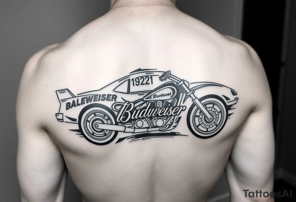 Dale Earnhardt car on it with the year 1958 - 2021 intertwined with a motorcycle with a Budweiser logo on it tattoo idea