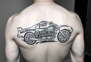 Dale Earnhardt car on it with the year 1958 - 2021 intertwined with a motorcycle with a Budweiser logo on it tattoo idea