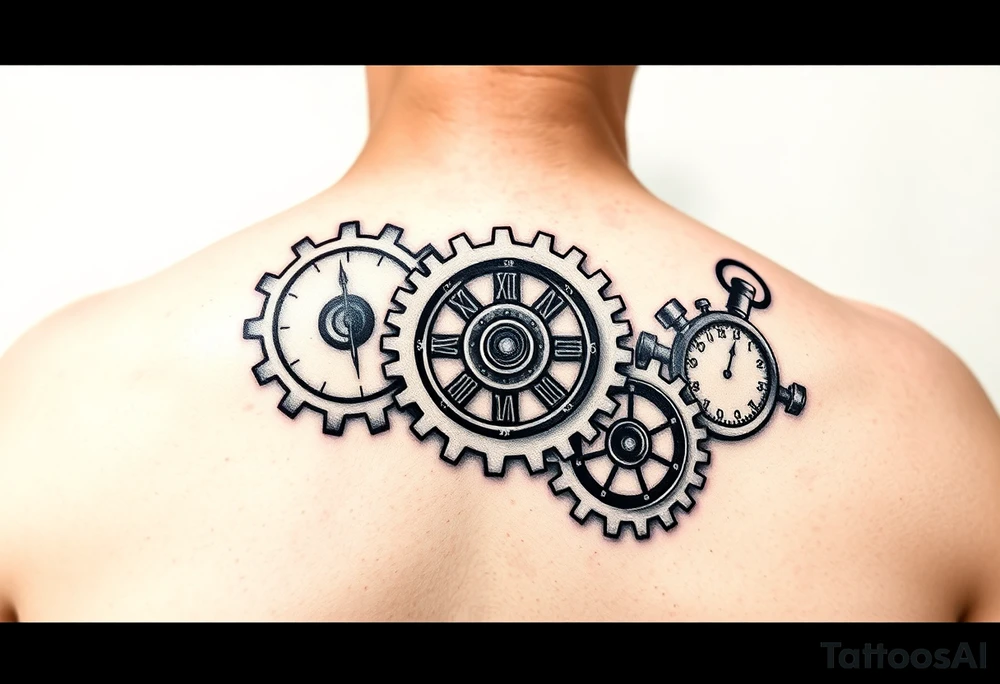 Mechanical round Gears that look like clocks connected to one another on a right arm sleeve tattoo tattoo idea