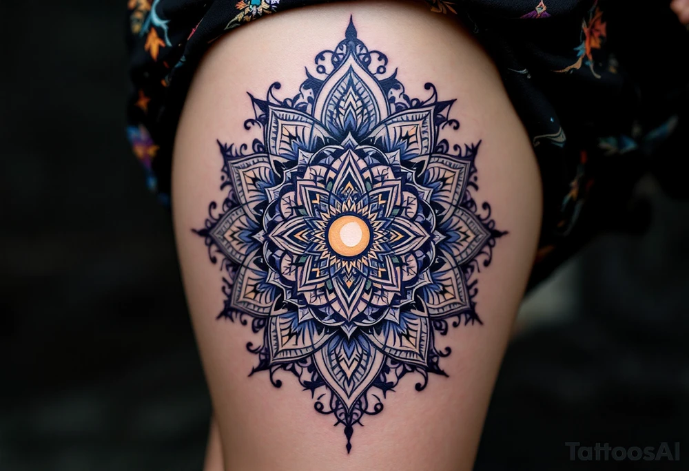 "Mandala of the Goddess" – A complex mandala with soft curves and intricate patterns, symbolizing unity and balance. Within the center, a crescent moon or sun motif, representing femininity and cycles of life. tattoo idea