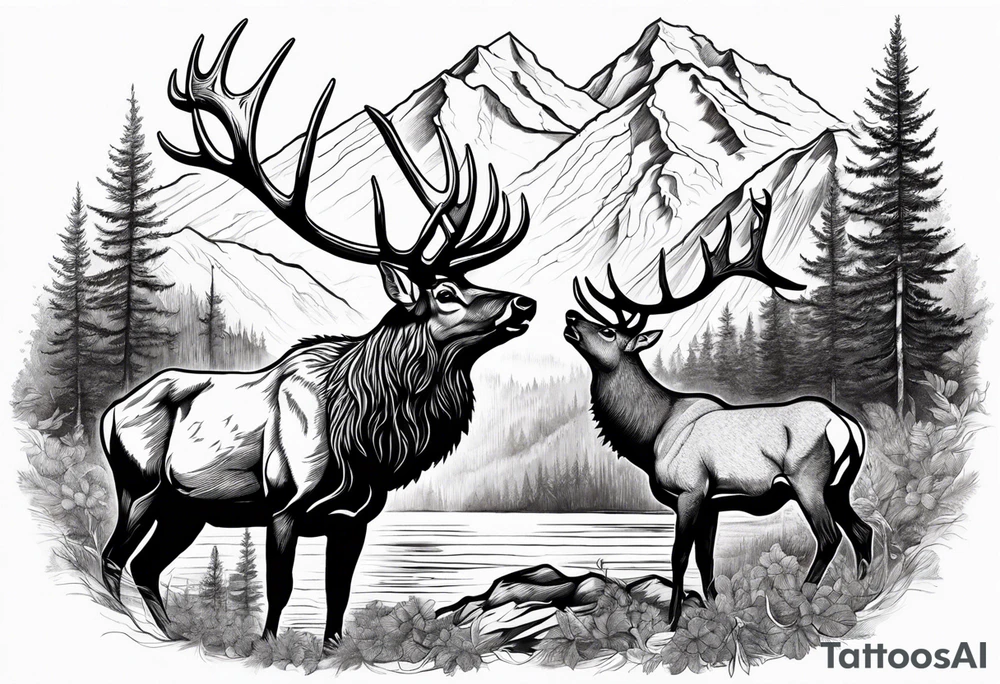 two elk fighting with mountains and stream in background tattoo idea two elk fighting with mountains and stream in background tattoo idea