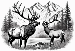 two elk fighting with mountains and stream in background tattoo idea