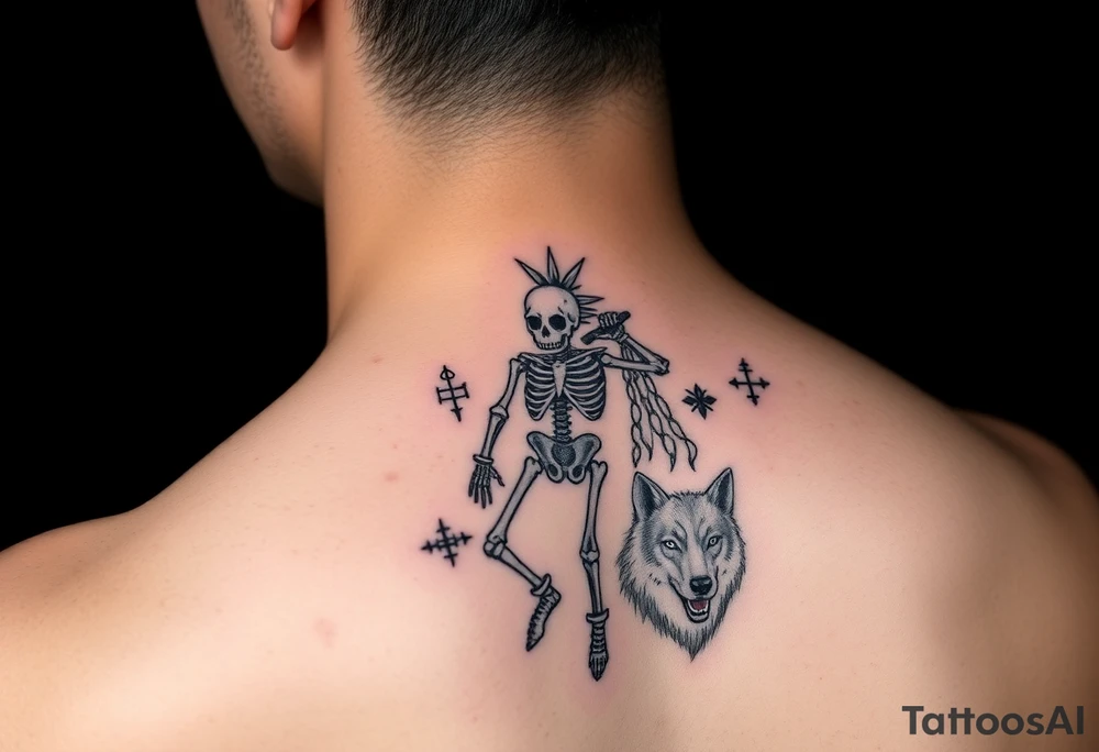 Purepecha skeleton warrior surrounded by purepecha symbols next to a wolf tattoo idea