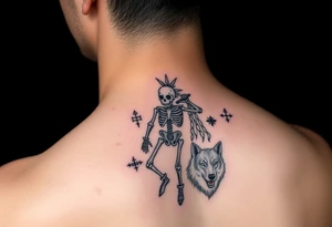 Purepecha skeleton warrior surrounded by purepecha symbols next to a wolf tattoo idea