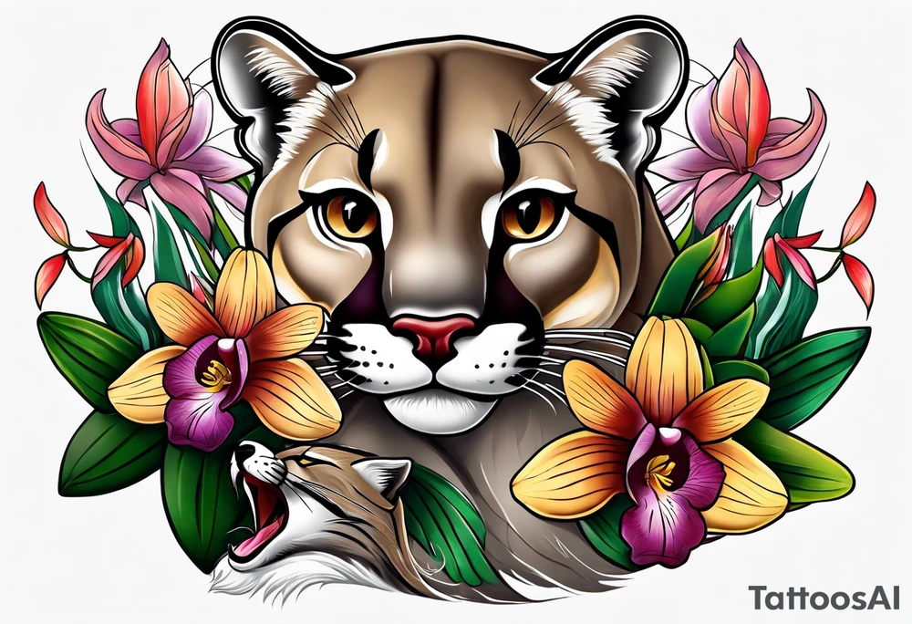 Mother mountain lion, otter and flicker bird, orchids, tattoo idea