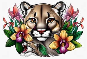 Mother mountain lion, otter and flicker bird, orchids, tattoo idea
