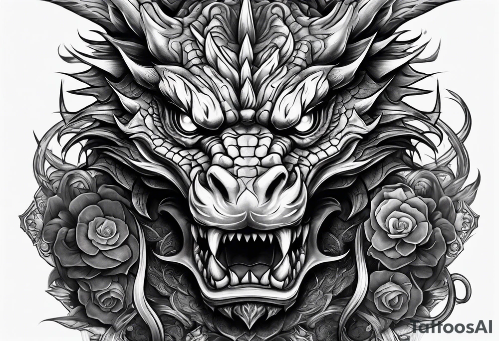 Dragon with dumbbell in mouth tattoo idea