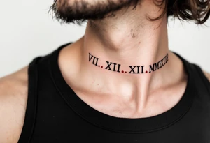 VIII.XII.MMXVIII in thick black font circling the neck like a collar, with small ruby red dots separating the numerals. tattoo idea
