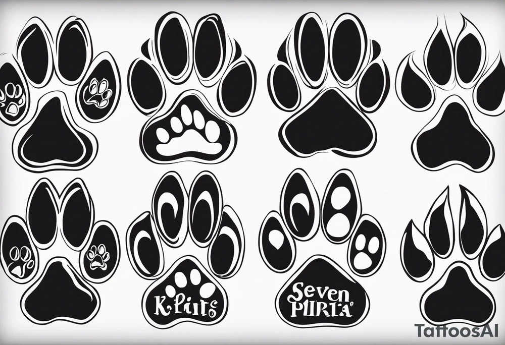 seven dog paw prints one for each of my dogs. indclude one dog's name on each paw print. the names are Tasha Katie Kiera Zeke Pixie Bud and Bear. tattoo idea