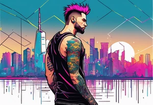 cyberpunk 2077, forearm tattoo, geometric, subtle, men, city skyline, bright colour, tattoo idea