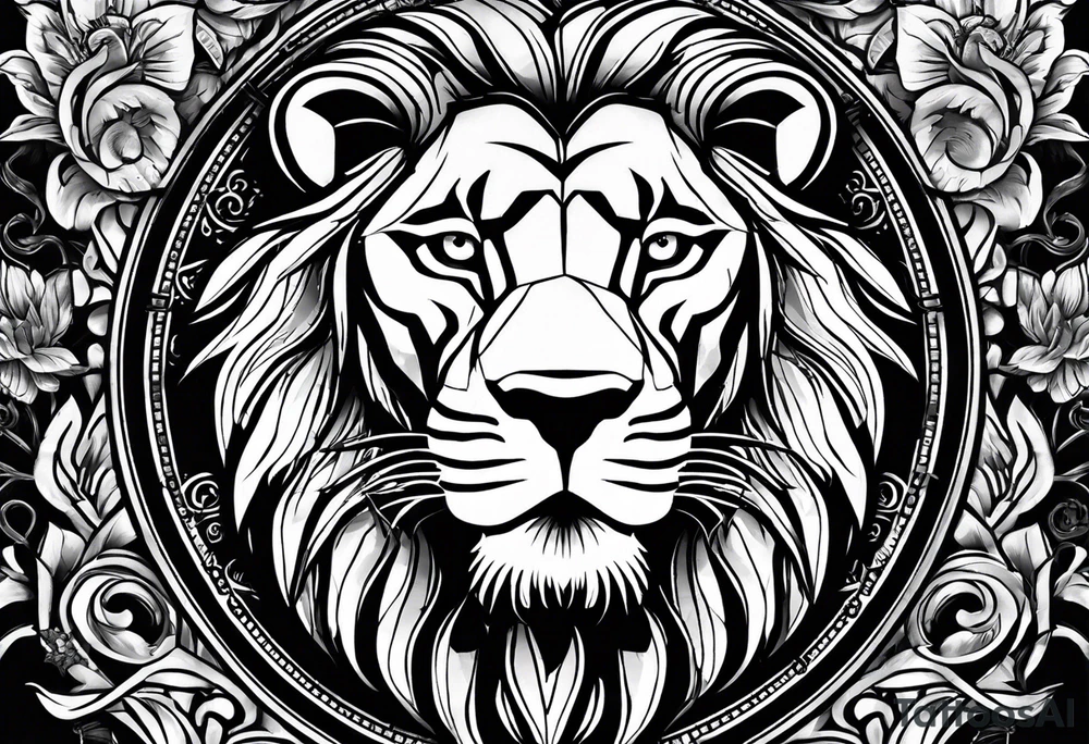 un Lion représentant le courage la determination et le travail avec une horloge à 10h28 tattoo idea