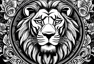 un Lion représentant le courage la determination et le travail avec une horloge à 10h28 tattoo idea