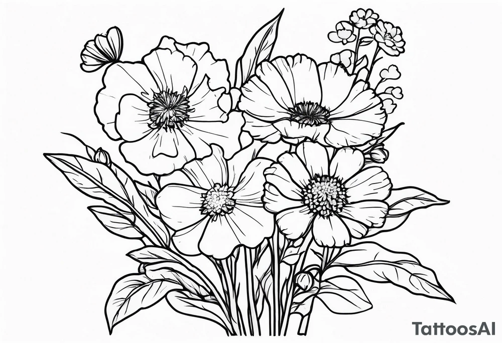 bouquet of forget me not , carnation , and aster flowers with a stem tattoo idea